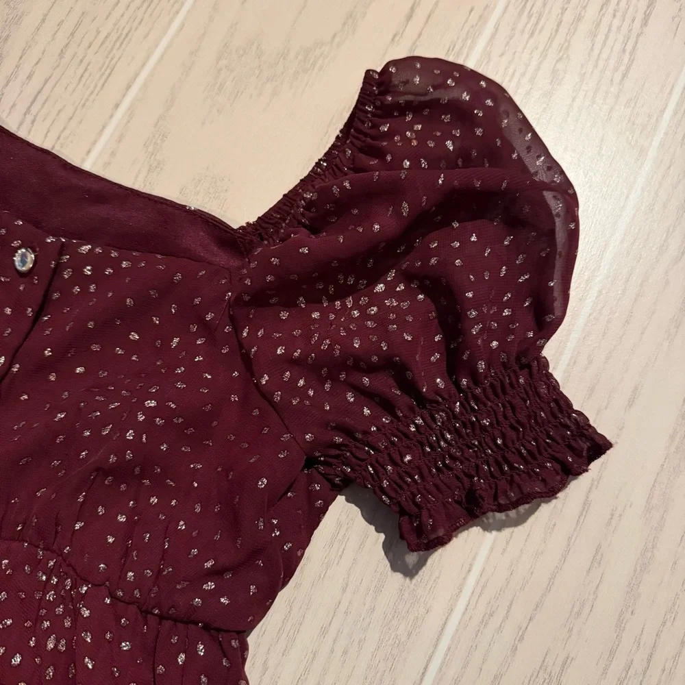 Trixxi Girl Burgundy Gold Dot Party Dress Size 8‎ Puff Sleeve Holiday NEW
